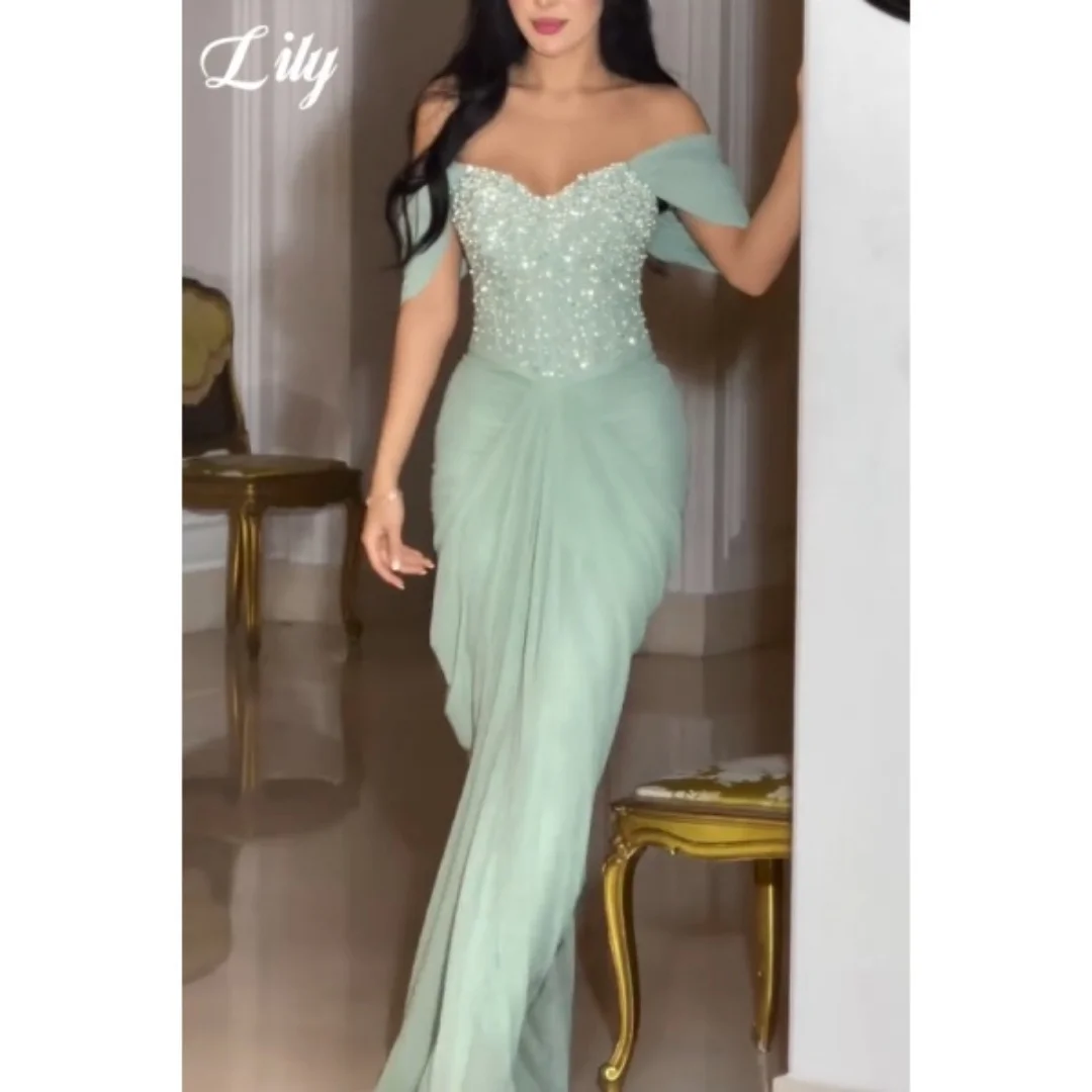 

Lily Mint Green Mermaid Prom Dress Off-The-Shoulder Sweetheart Evening Dresses With Beadings Pleats فساتين السهرة Customized