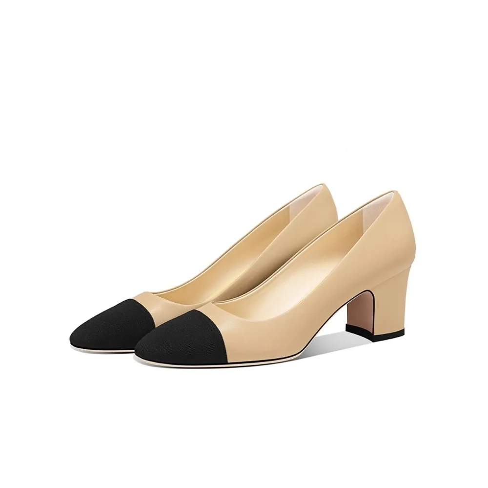 

Genuine Leather Round Toe Chunky Heel Pumps Women French Style Comfortable Versatile Work Shoes