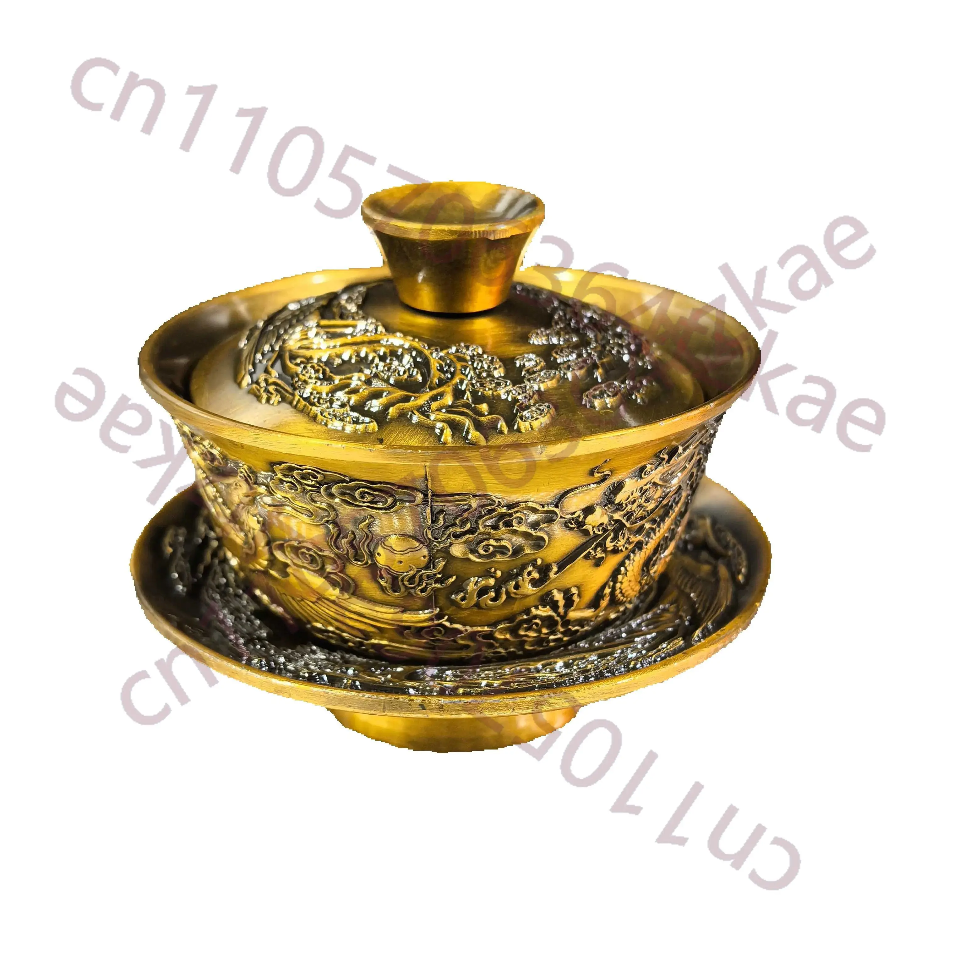 

Китайский народный набор из трех медных чайных чаш, с благоприятным рельефом в виде дракона и феникса, чаша с крышкой золотистого цвета.