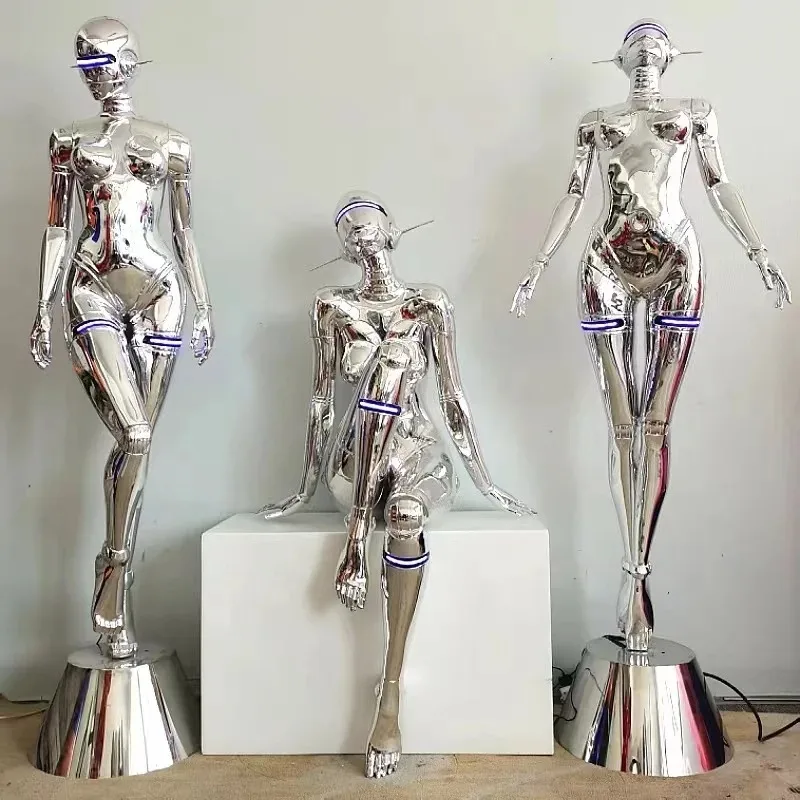 New design glass fiber with lamp female robot action statue sculpture interior decoration creative gift collection