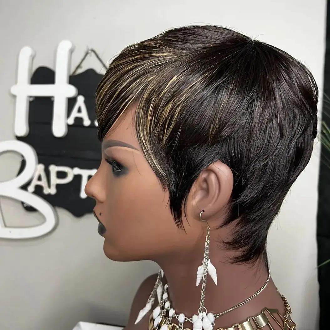 Ombre Black Blonde Honey Gold Highlight Synthetic Cheap Wigs Short Straight Pixie Cut Hair Bob Wig Hair For Black Woman