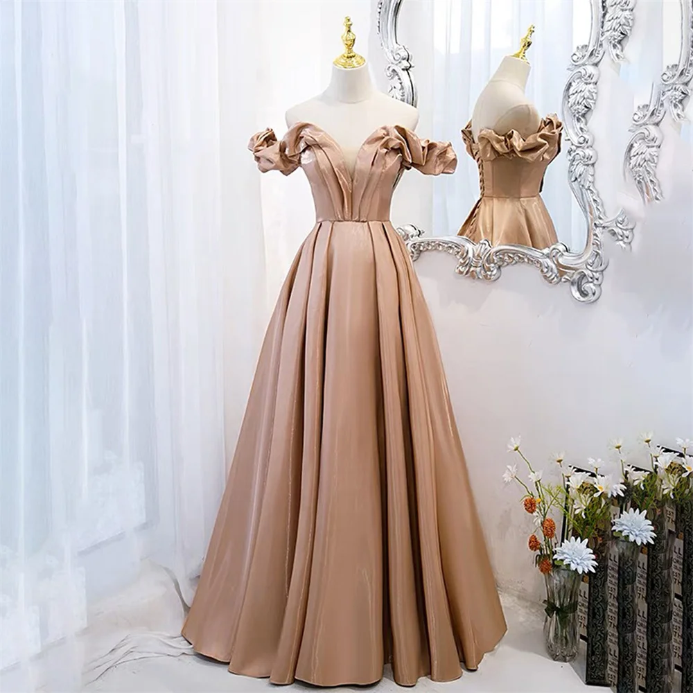 

Lily Pleat Stain Evening Gown V Neck Off the Shoulder Elegant Prom Dress Lace Up Back Wedding Evening Dresses robes de soirée