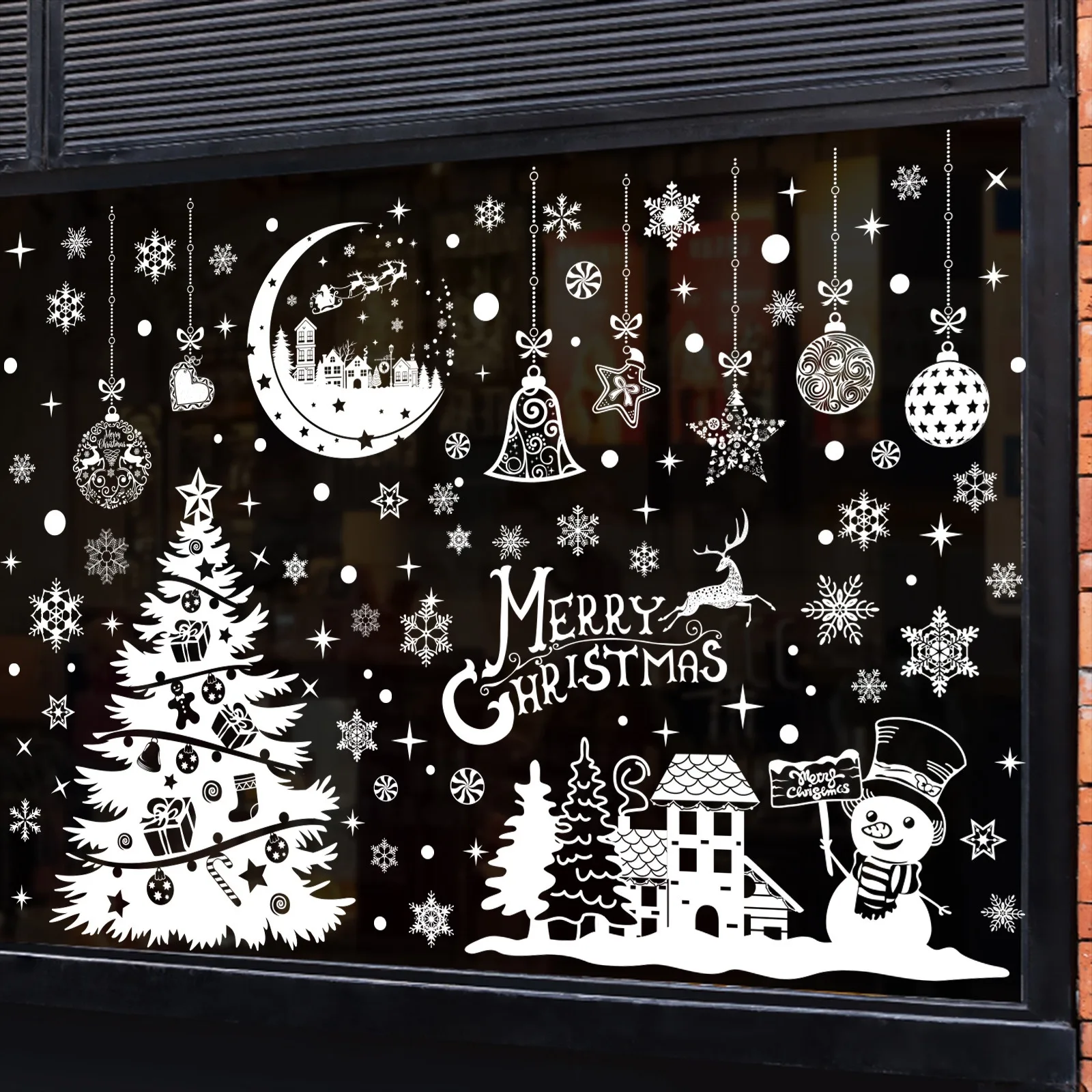 Snowflake Window Decal - White Christmas Tree Snowman Window Static