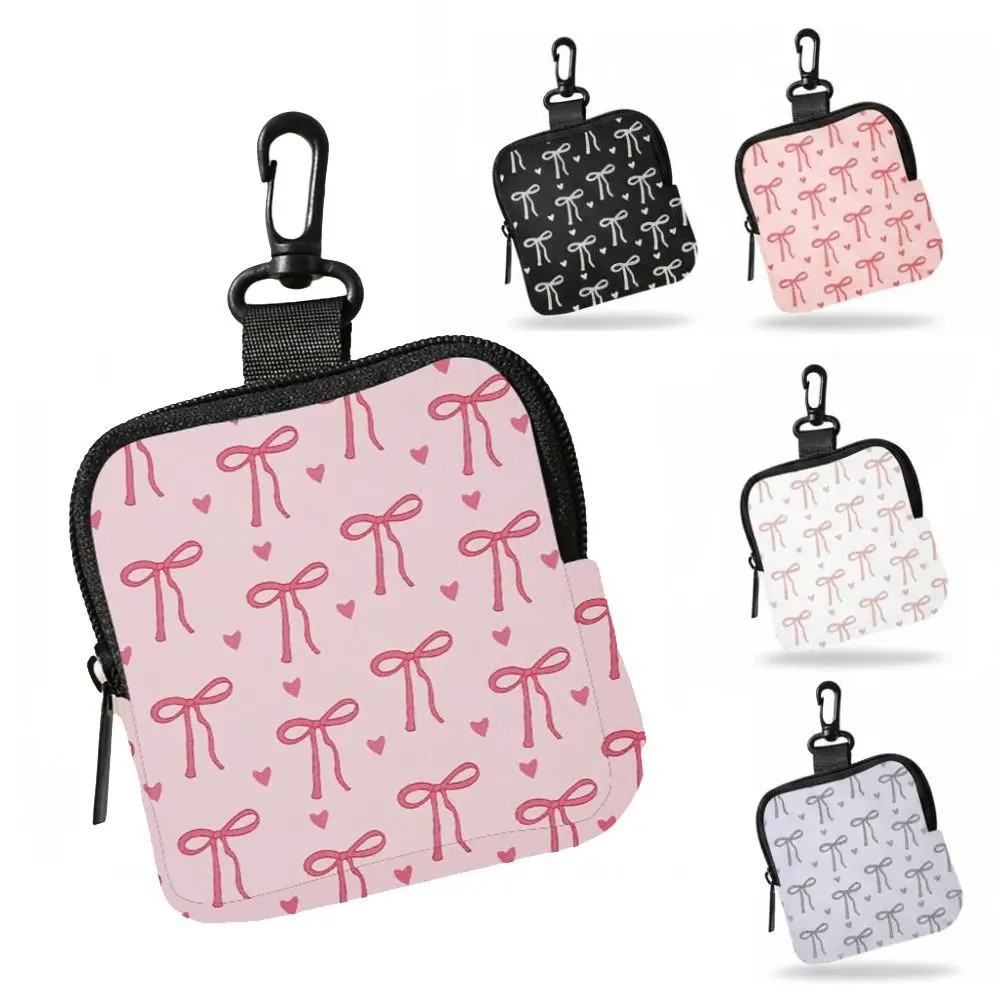 Portable Bow Print Coin Purse PU Leather Water-resistant Mini Wallet Portable Earphone Bag Zipper Storage Bag Friends Gift