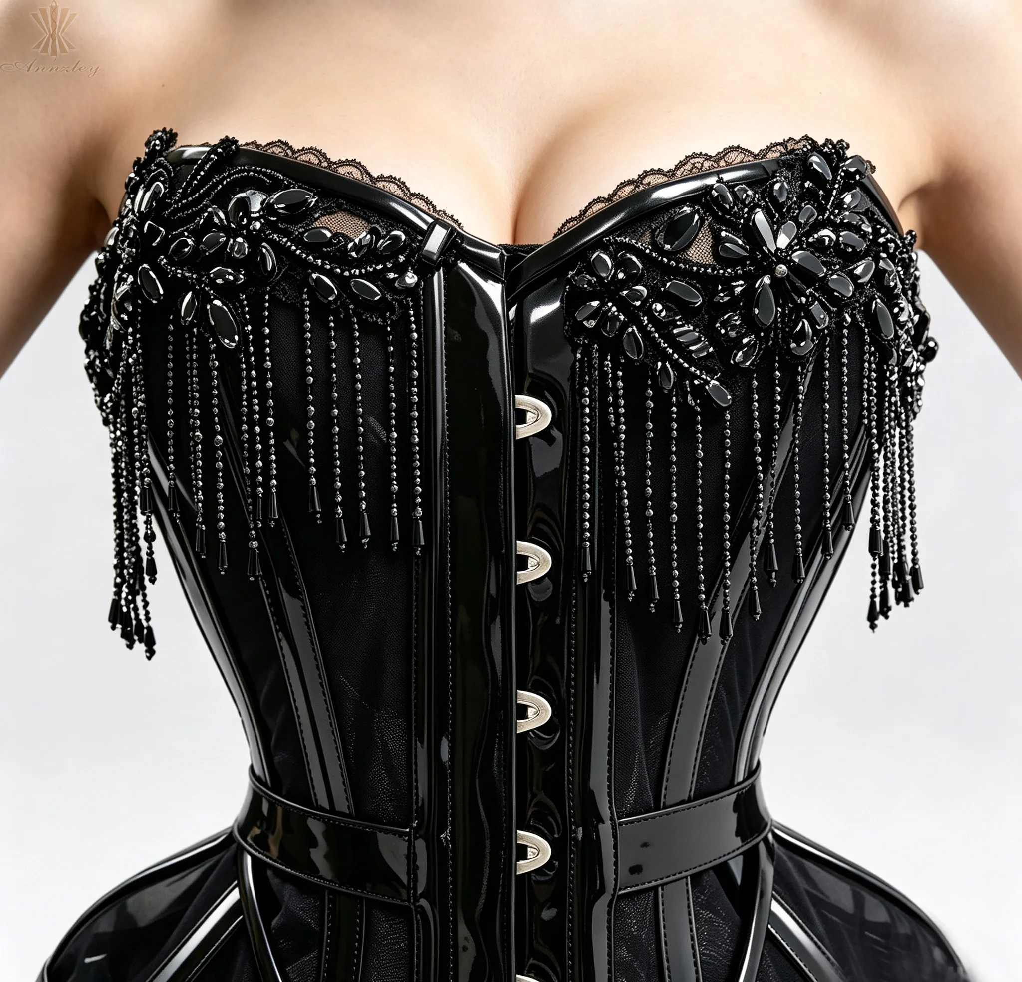 Black Patent Leather Gothic Corset Bustier for Women Sparkly Rhinestone Tassel Chain Waist Cincher Overbust Annzley 2026