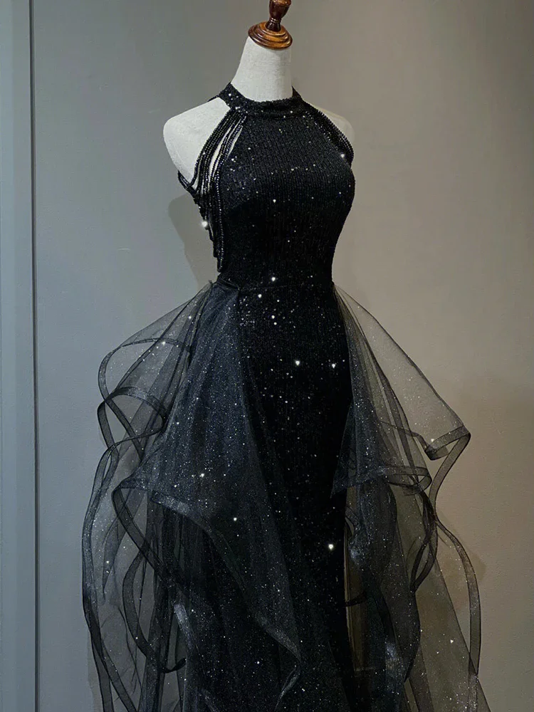 Glitter Dress Luxury Black Evening Dress Sleeveless Skirt Black Sequin Dress Sparkly Tulle Skirt High Waist Halter-neck Skirt view 2