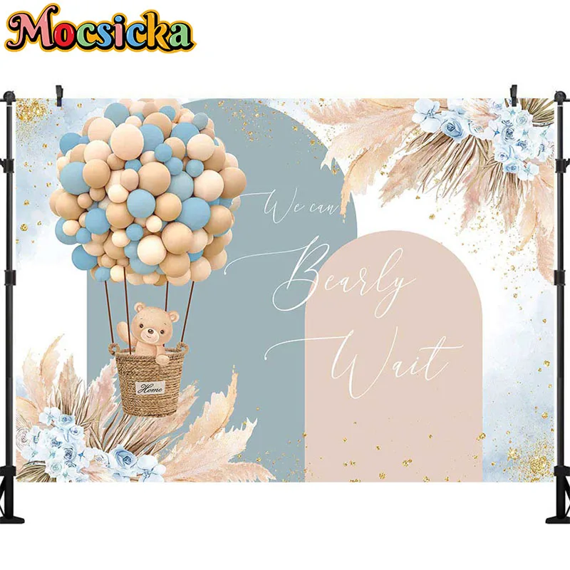 Mocsicka  Baby Shower Backdrop Cute Bear Balloon Boys Welcome Party Decor Background We Can Wait Banner Photo Studio Poster