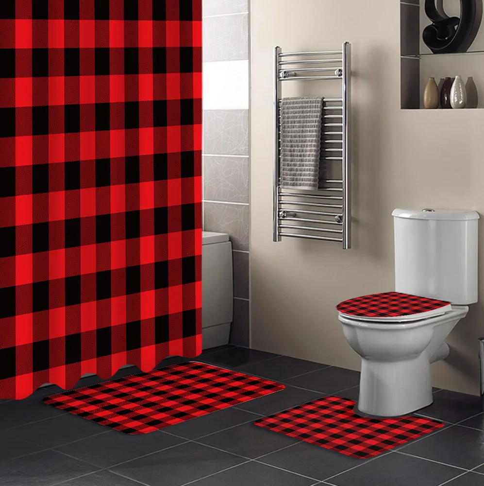 Bathroom Shower Curtain and Rug Sets Red Black Plaid Geometric Buffalo Check Toilet Lid Cover Bath Mat Waterproof Shower Curtain