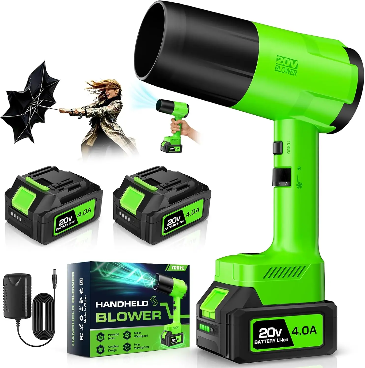 

Беспроводная воздуходувка для листьев с 2 аккумуляторами и зарядным устройством, 6 режимов скорости, легкая, для ухода за газоном, патио, двором