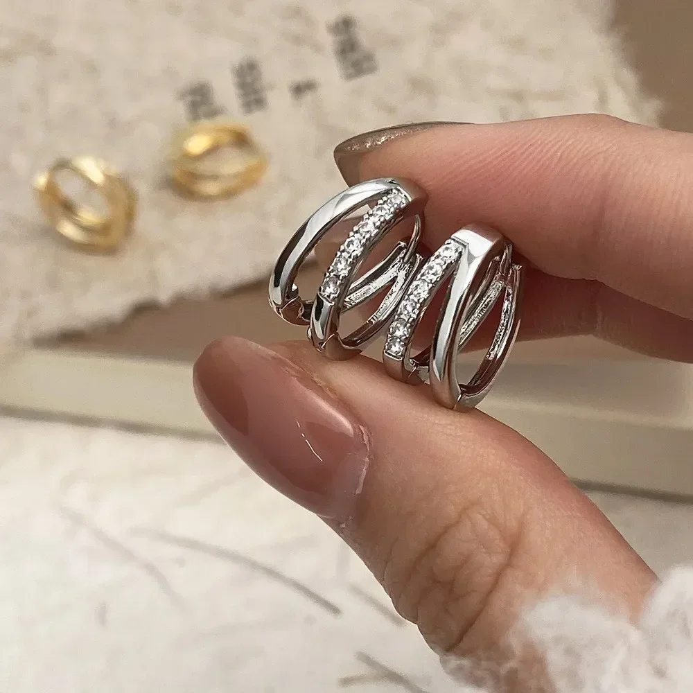 Trendy zilveren kleur dubbellaags zirkoon oorbellen voor dames mode Koreaanse eenvoudige cirkel hoepels oorbellen partij bruiloft sieraden