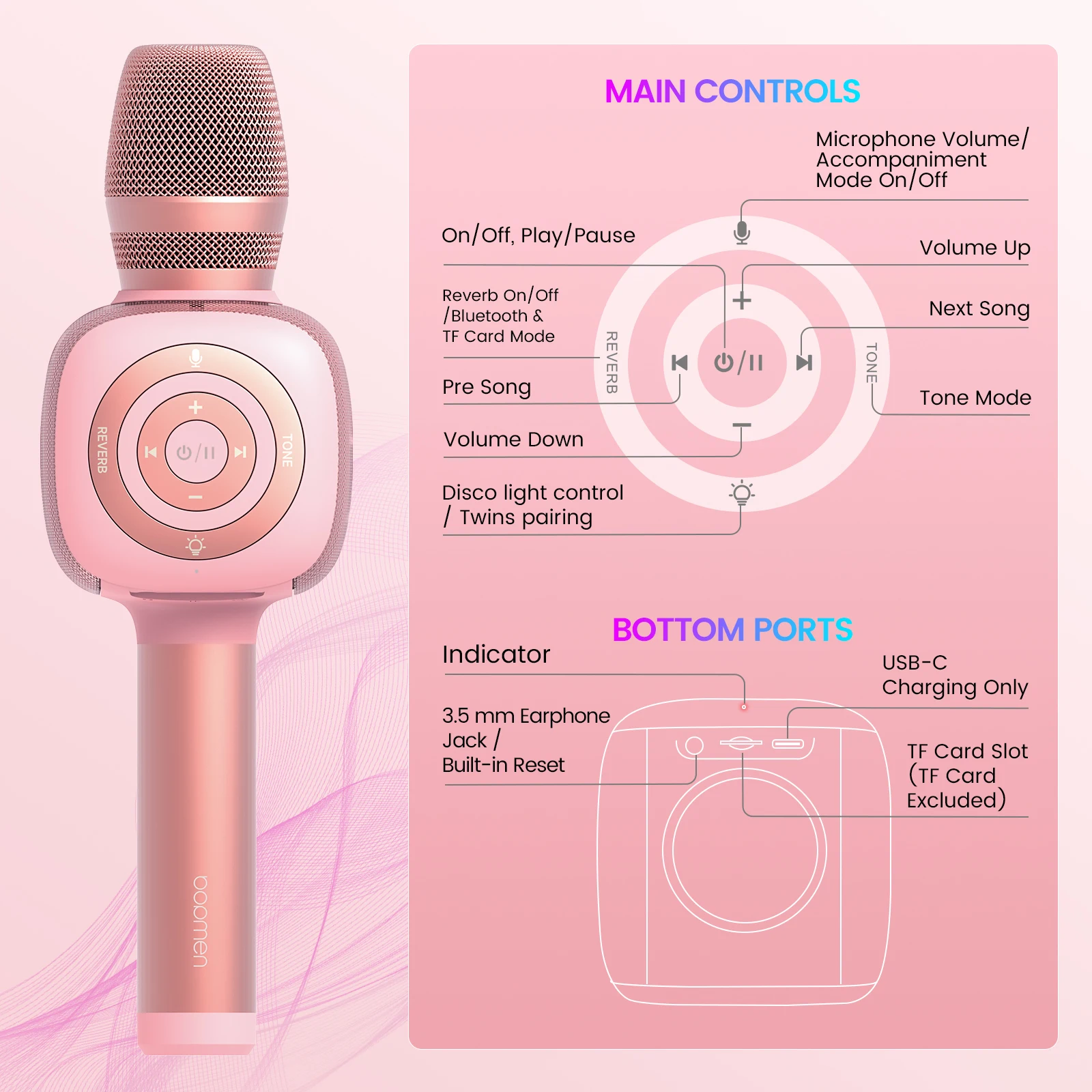 Bluetooth Wireless Karaoke Microphone with LED Lights 4-in-1 Portable Handheld Mic with Speaker Karaoke Player for Singing Home