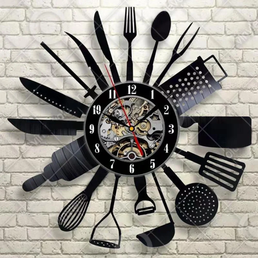 Cutlery Vinyl Record Wall Clock Modern Design Spoon Fork Decorative Kitchen Vintage Vinyl Clock Wall Watch Home Decor