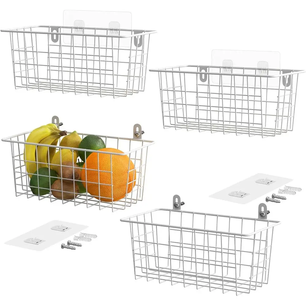 

Hanging Kitchen Baskets Wire Storage Basket Adhesive and Screws Basket Over the Cabinet Door Organizer with Adhesive Strips and