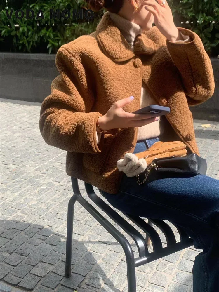 Women's Winter Sweet Korean stytle Warm Harajuku Plush Coat Lamb Fur Jacket Doll Collar Single Breasted Short Outerwears 2024
