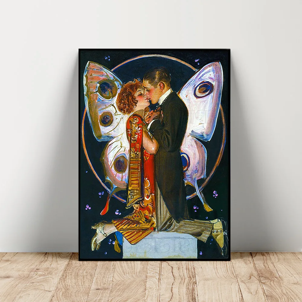 

Joseph Christian Leyendecker Poster Butterfly Couple Canvas Painting Lovers Kiss Embrace Print Art Wall Picture Bedroom Decor