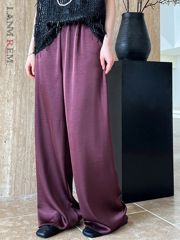 

LANMREM Casual Wide Leg Pants For Women Solid Color Elastic High Waist Loose Trousers 2024 Summer New Clothing 2Z1314