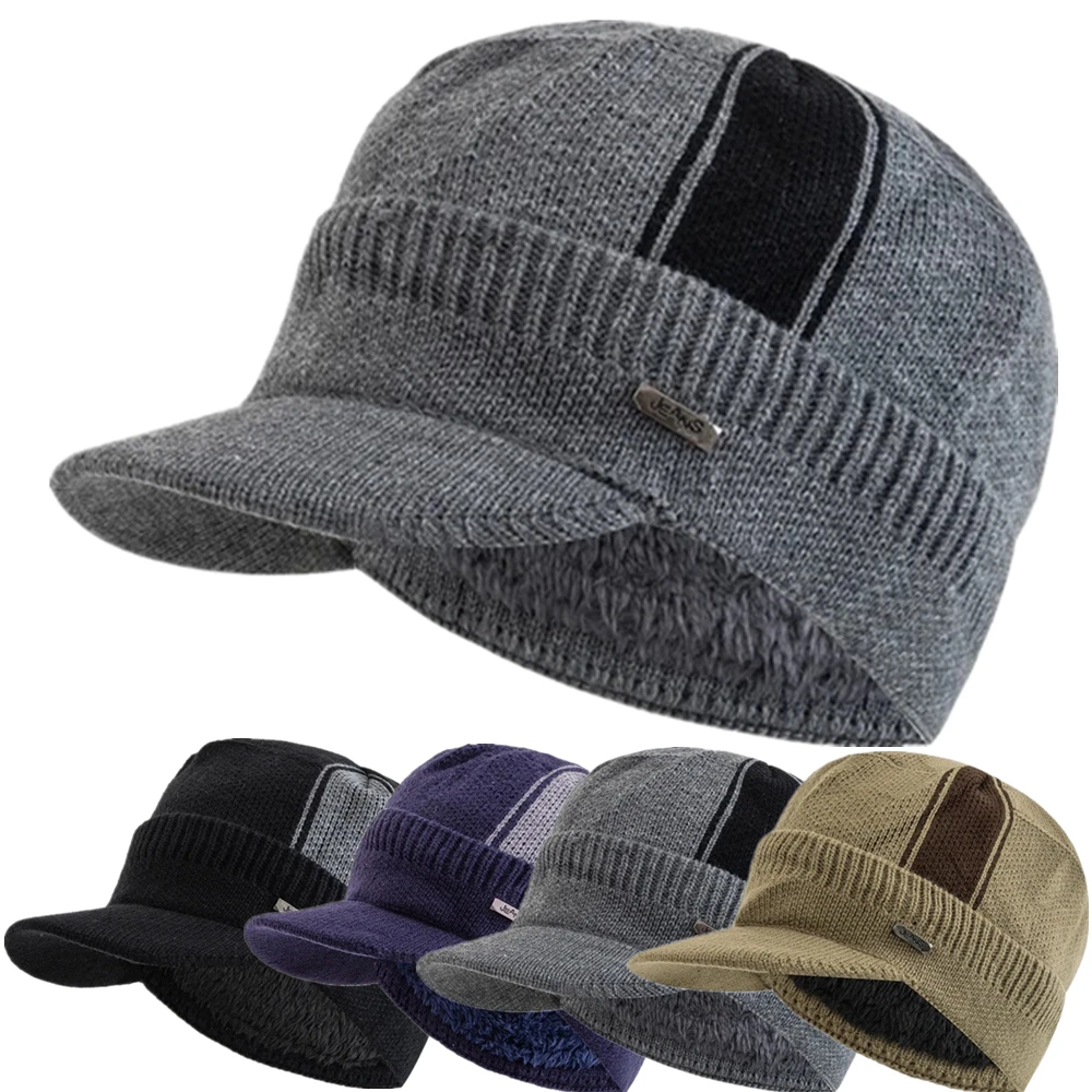 

Unisex Winter Hat With Brim Plush Fur Lined Beanie Hat JEANS Label Thicken Winter Hats Men Women Outdoor Knitted Hat