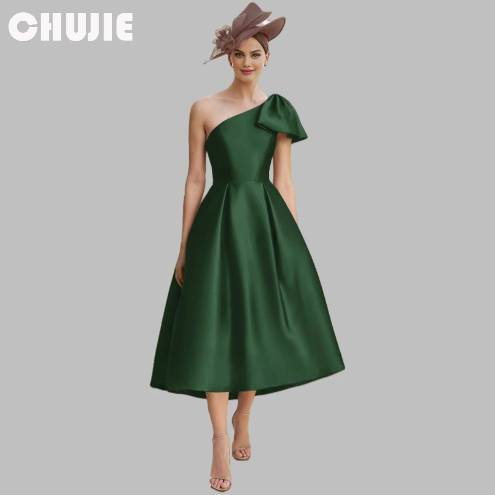 

Green Satin One Shoulder Mother of The Bride Dress Tea Length For Wedding Guest Prom Party Gowns Customized Formal Evening Dress