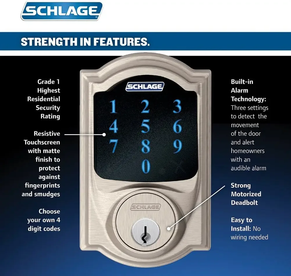 2024 NEW Touchscreen Deadbolt w/Built-In Alarm and Handleset Grip w/ Accent Lever, Satin Nickel,