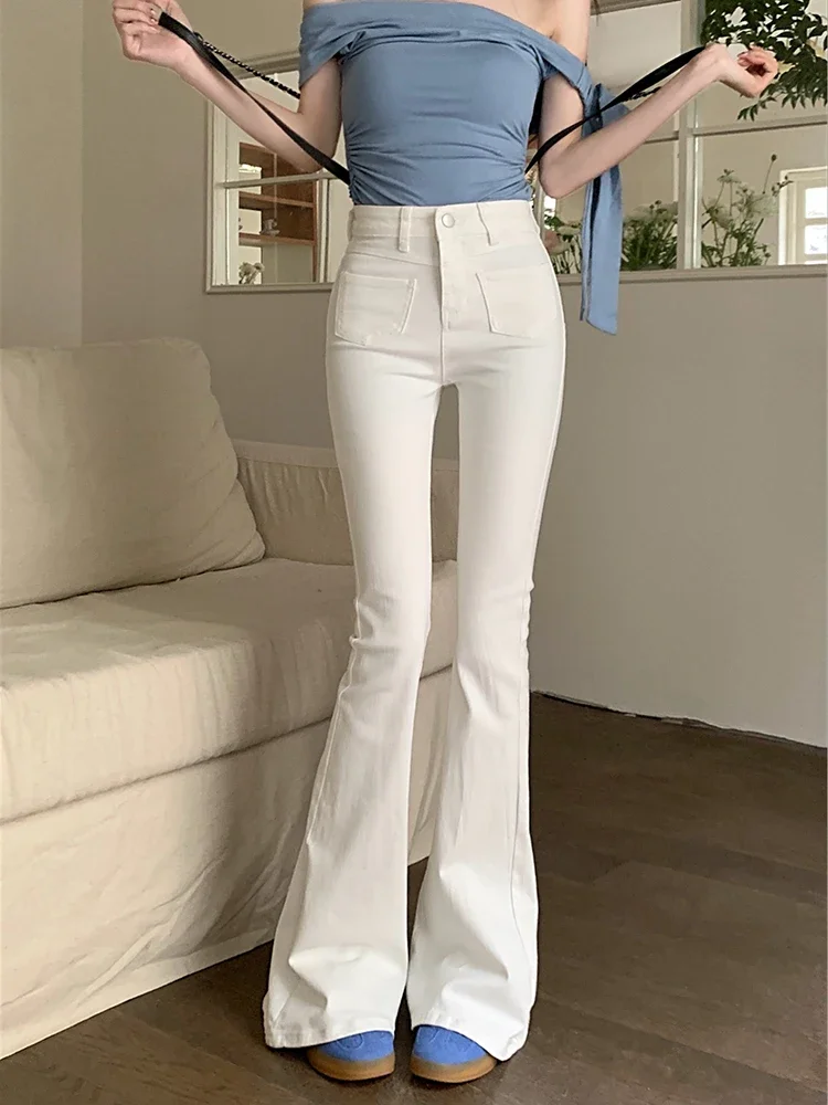 Trendy and minimalist white design pocket jeans women's summer high waisted slim fit elastic micro flared pants