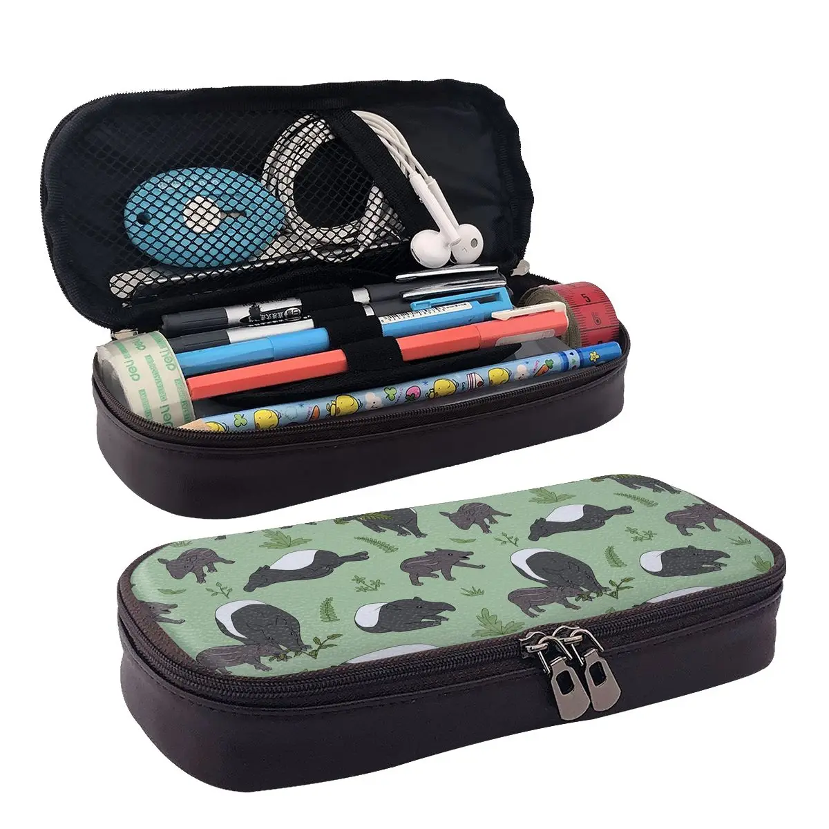 

Tapir Family In Green Leather Pencil Case for Studen School Pen Box Pencil Bag Stationery Supplies Pen Holder Bag