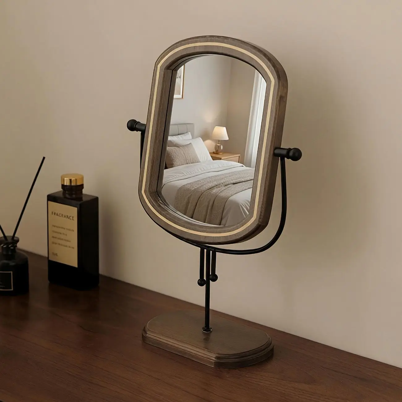 Retro Simple Makeup Mirror Wooden Desktop Dresser Bedroom Rotating Makeup Mirror Home
