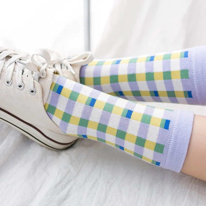 Calcetines de algodón con estampado de flores para mujer, medias divertidas de estilo Harajuku japonés, Kawaii, arcoíris, B90201