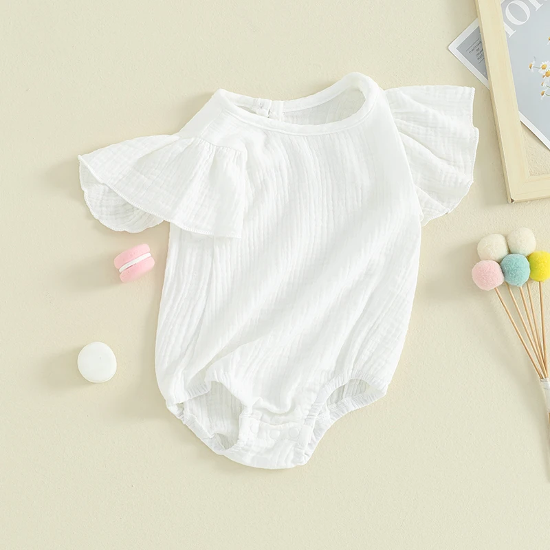 Newborn Infant Baby Girl Bubble Romper Ruffle Sleeve Solid Color Cotton Linen Bodysuit Cute Jumpsuit Basic Shirts