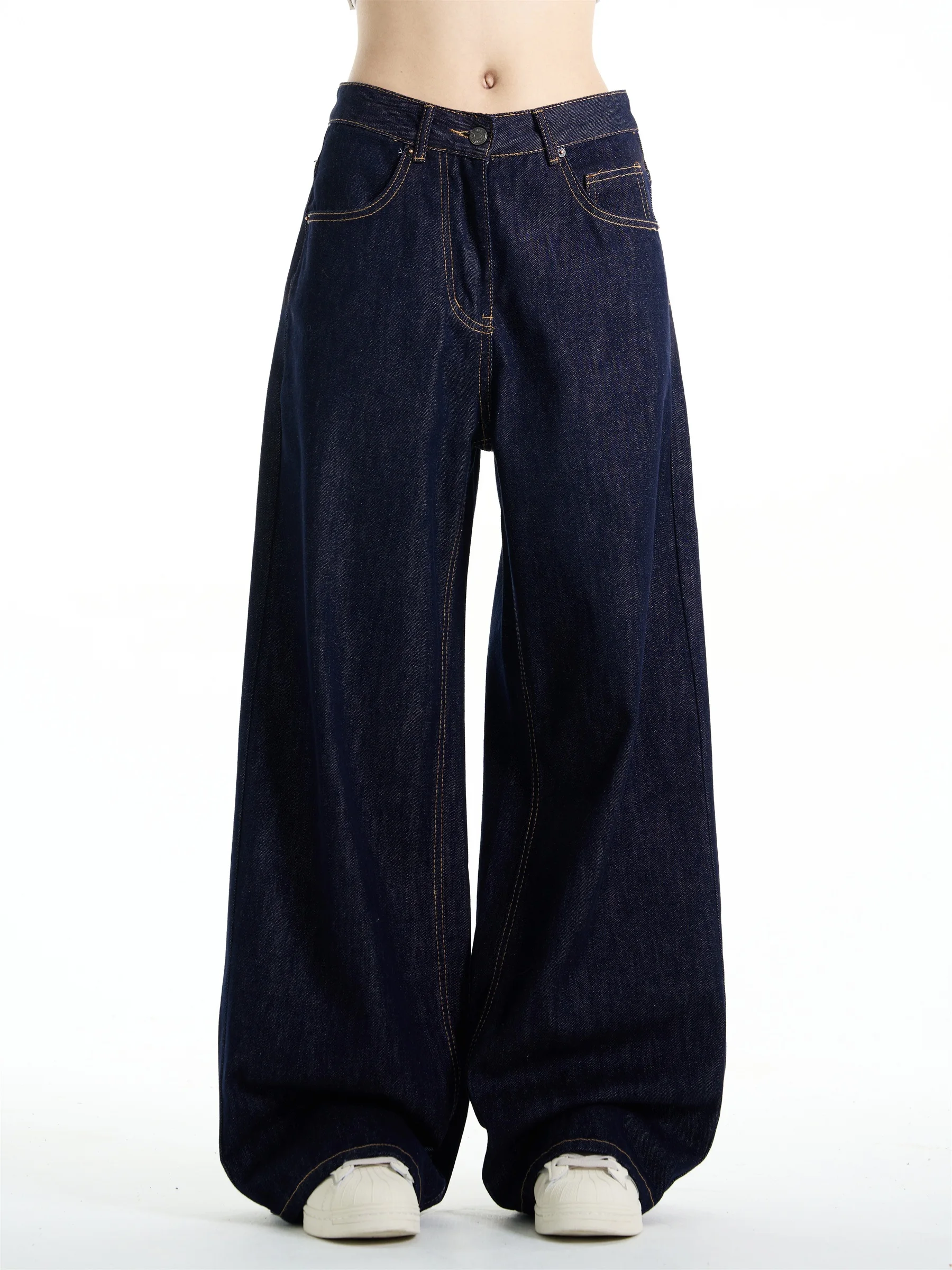 

Loose Straight Leg Deep Blue Denim Jeans ex Vintage Casual Floor-Length Trousers Youth Faion Spring Autumn Season