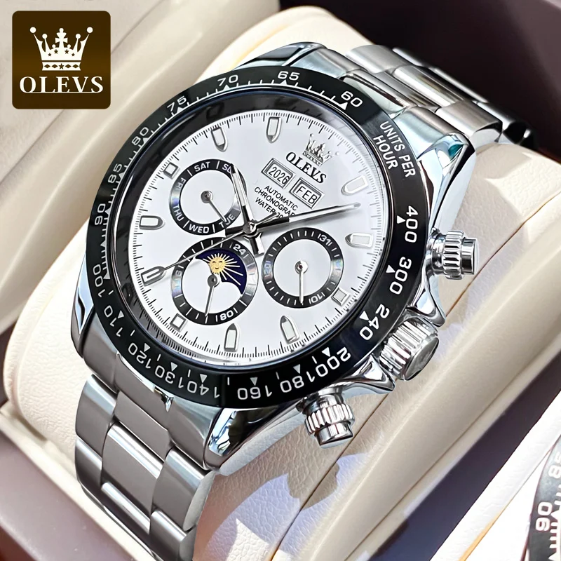 OLEVS Automatic Watches Waterproof Stainless steel Luminous Month Phase Date Watch for Men Luxury Brand Wristwatch Mechanical