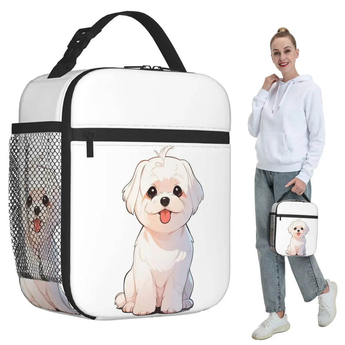 

Сумка-холодильник для обедов в мультяшном стиле с милым мальтезе, термосумка для еды для детей, портативный контейнер для школьных обедов