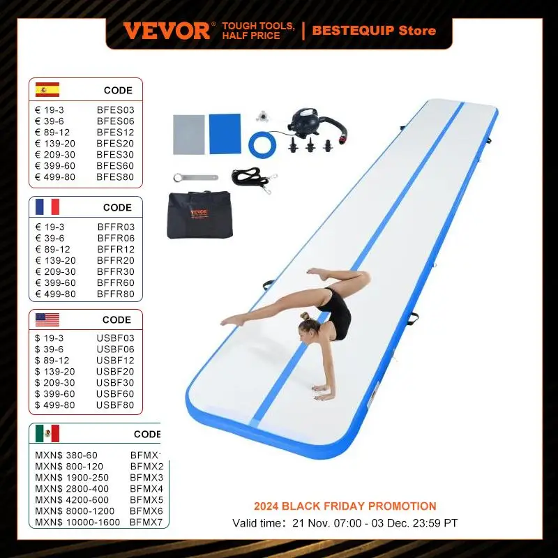 VEVOR Gymnastics Air Mat 4inch Thick Tumble Track with Electric Pump For Home Use Gym Yoga Cheerleading Beach Park Water