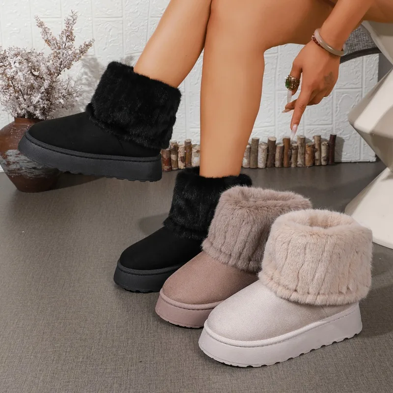 Women's Thick Sole Winter Snow Boots, Stylish Short Calf Boots with Fleece Lining, Extra Warm and Cozy, Available in Large Sizes