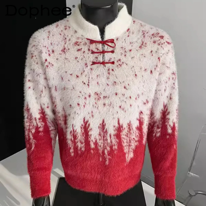 

Модные свитеры с воротником-стойкой и пуговицами для мужчин и женщин, осень-зима 2025, новые пуловеры с градиентным цветом, стильные вязаные изделия для пар