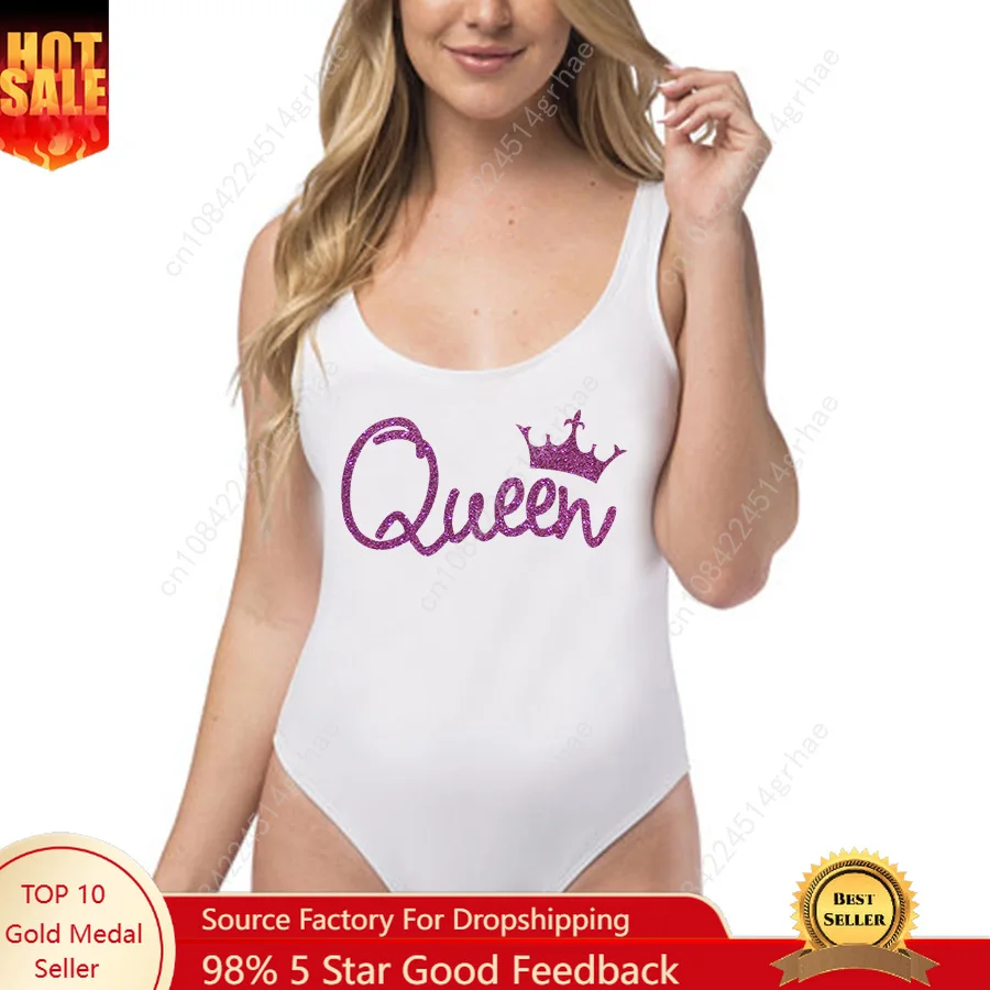 

Party Queen &Slay Swimwear Glitter Hot Pink Printing Style One Piece Swimsuit Women Bathing wear Bathing Suit Swimsuits