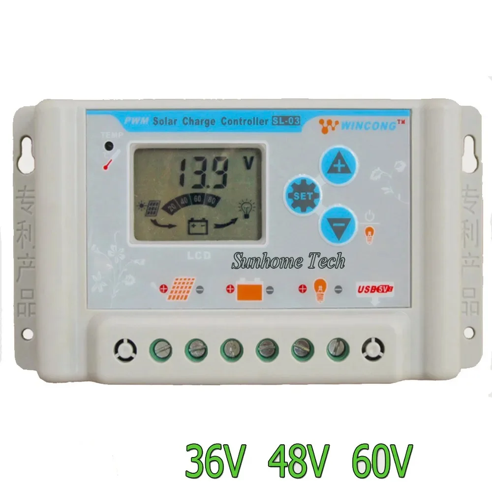 10A 30A Solar Panel Charge Controller 36V 48V 60V with LCD USB 5V Regulator for Lithium Battery Charging