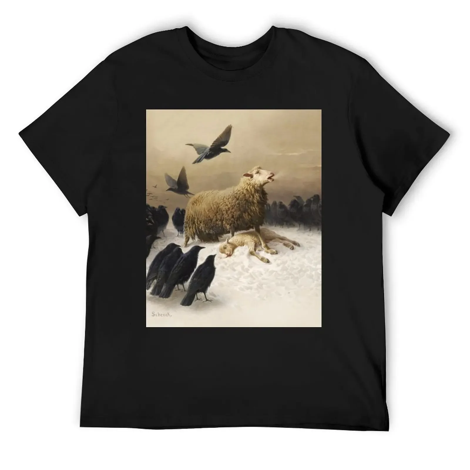 Anguish Angoisses fine art oil painting by August Friedrich Schenck 1878 Mother sheep ewe with lamb and black crows HD H T-Shirt