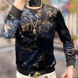 2023 Fall Tops Velvet Jacquard O-neck Long Sleeve Harajuku Camiseta Masculina Social Club Fashion Mens T-shirt Tee Shirt Homme