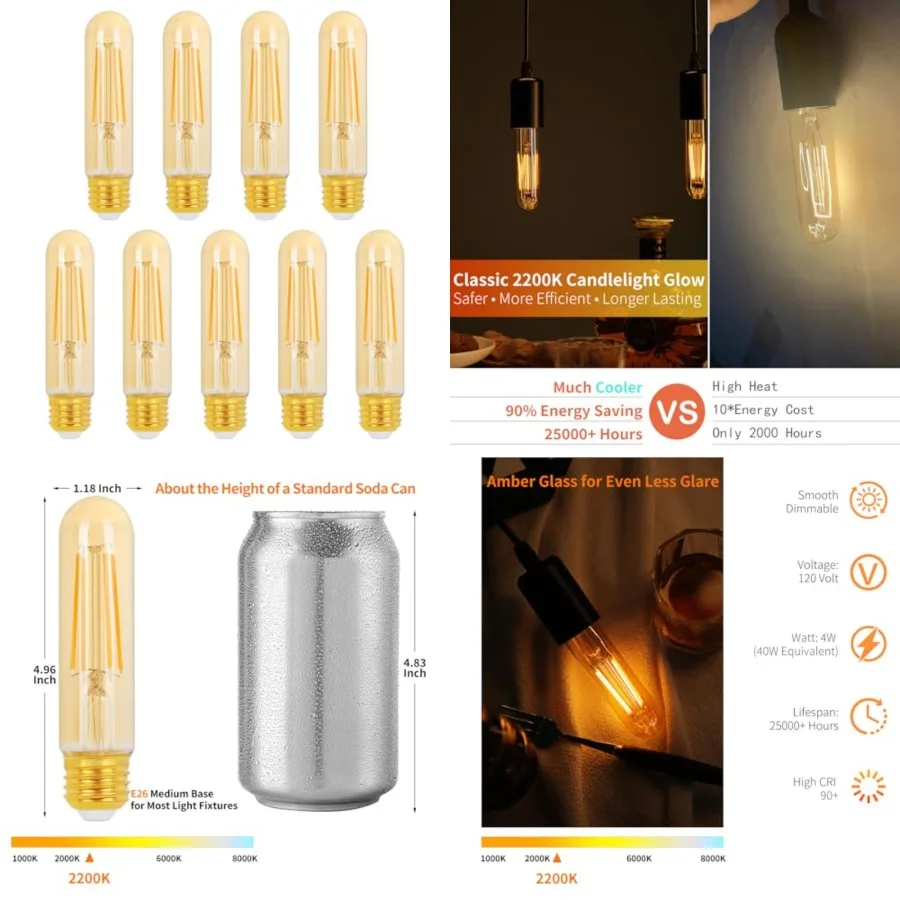 

E26 T10 LED Light Bulbs, 5 Inch Vintage Tubular Thin Edison Bulbs, 2200K Candlelight, Amber Glass, 4W 40W Eqv.,Dimmable, Ideal