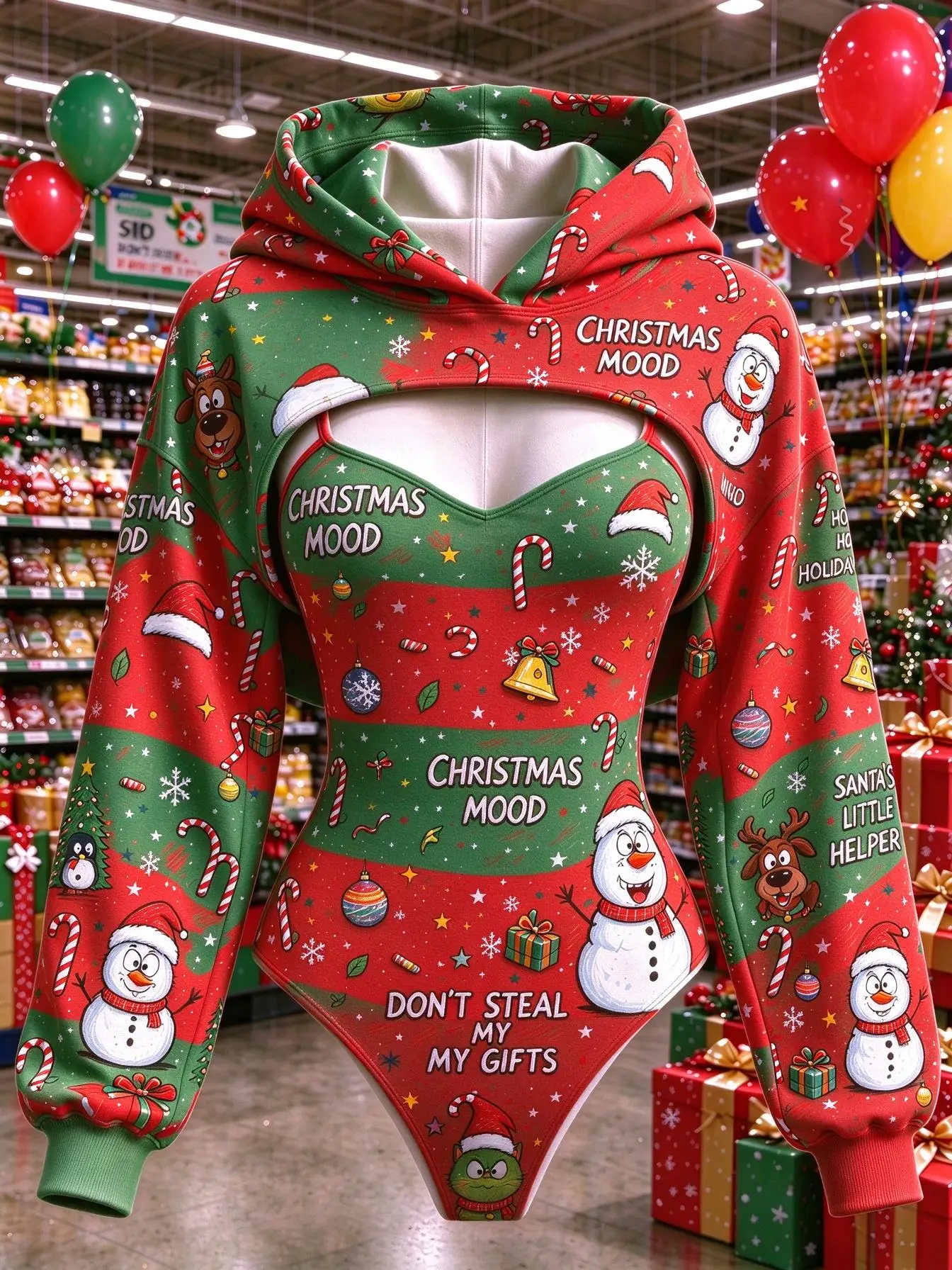Women Christmas Snowman Print Double Hood Bodysuit Hollow Out Long Sleeve Hoodie