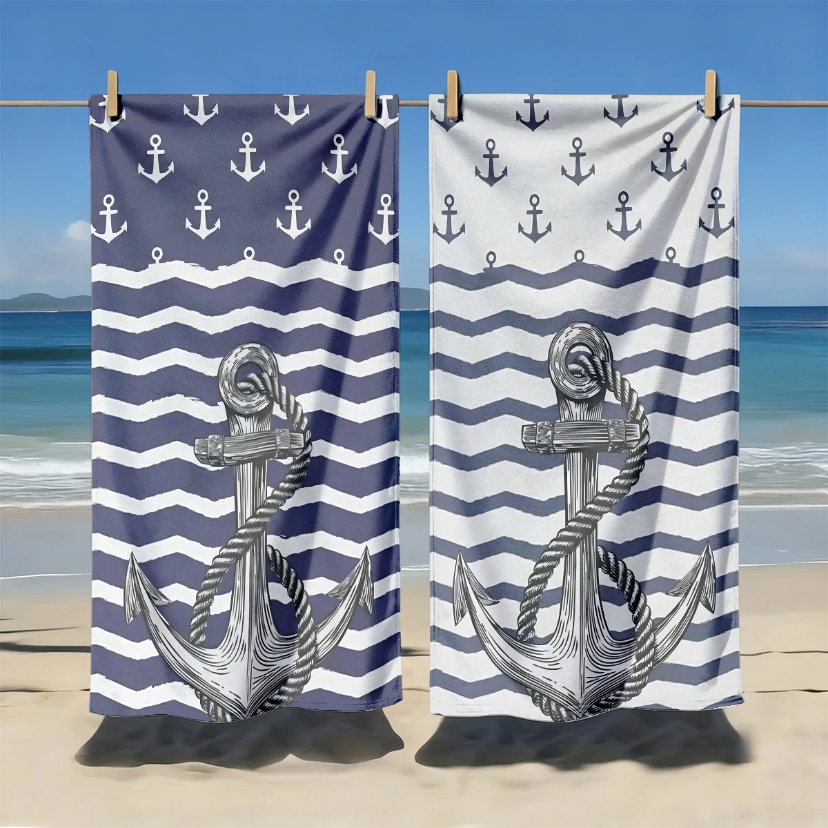 2pcs Nautical Anchor & Ship Wheel Quick Dry Beach Towels, Oversized Coastal Themed Bath Towels for Summer Vacation