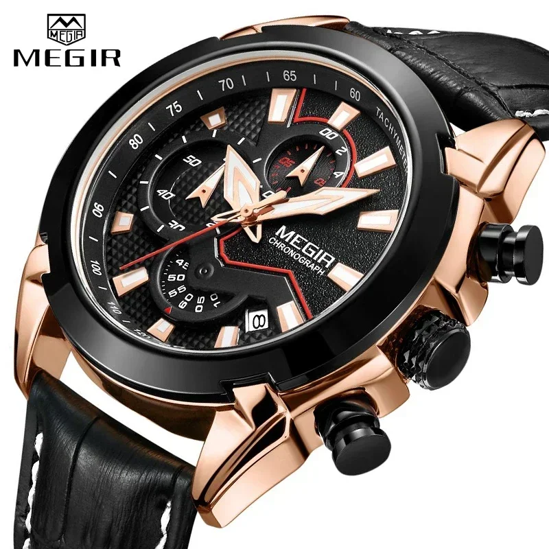 2024 New MEGIR Men's Fashion Sports Quartz Watch Men Leather with Chronograph Mens Watches Military Waterproof Sport Wrist Watch