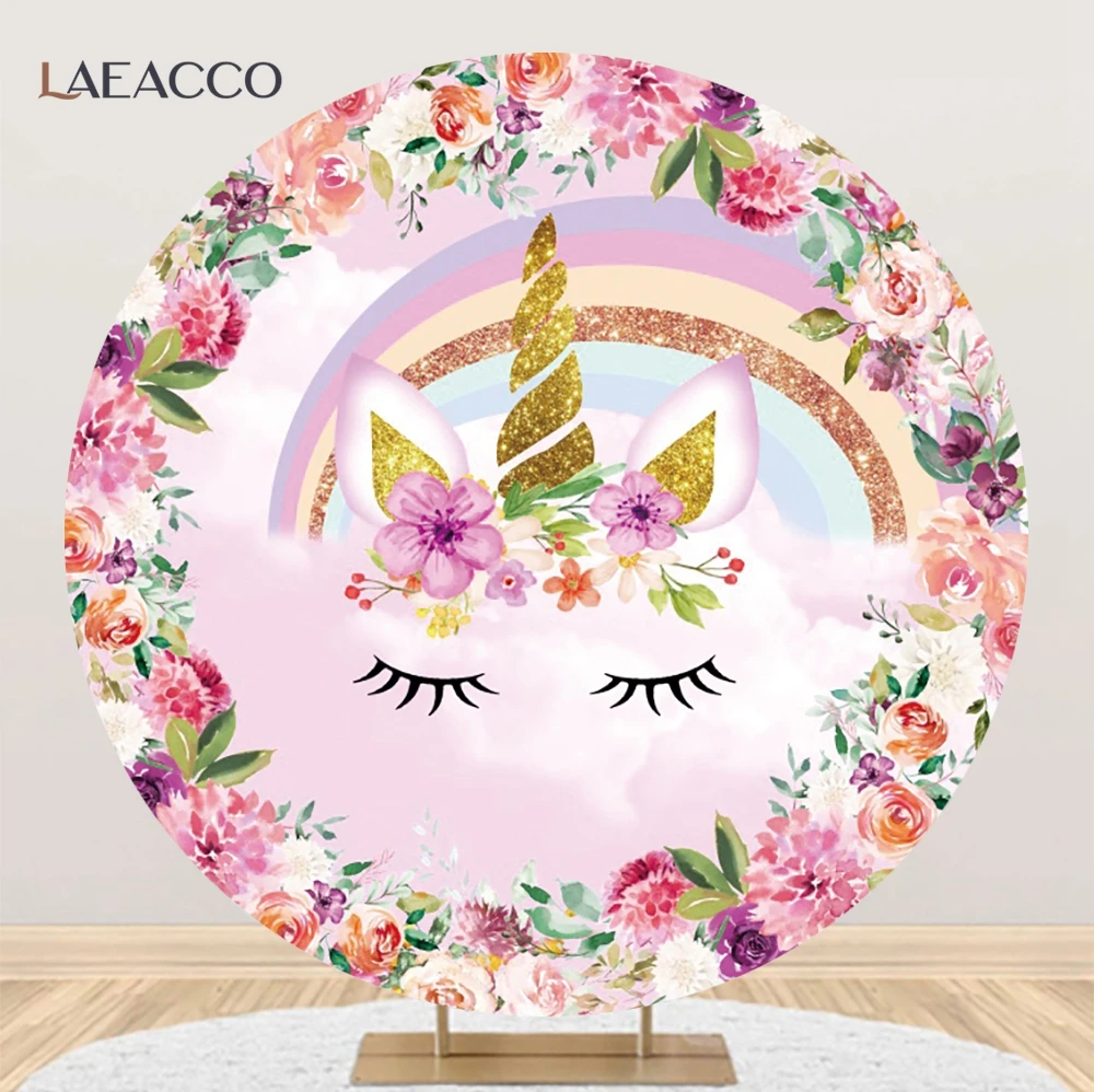 Laeacco Cartoon Unicorn Round Backdrops Rainbow Flowers Baby Shower Birthday Party Decor Photographic Prop Circle Backgrounds