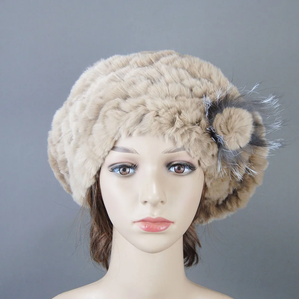 

Hot Sale Russia New Luxury Winter Women Real Genuine Hat Soft Rex Rabbit Fur Gift For Mom Headwear Elastic Knitted Beanies Caps