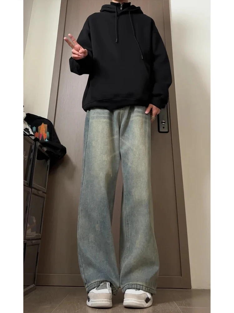 

Мужские джинсы Waed Blue свободного кроя, широкие прямые брюки-трубы, рабочая одежда, американский ретро-стиль, весна-осень, Cleanfit, высокая талия, длинные...