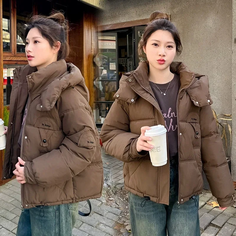 Parka's Dames Winterjas Snoep Kleuren Capuchon Korte katoenen gewatteerde jas Koreaanse dikke warme donskatoenen jas Vrouwelijke bovenkleding