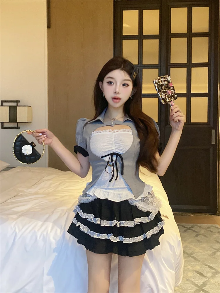 Sweet Causal 3 Piece Set Women Elegant Short Sleeve Cardigan + French Slim Vest + Kawaii Lace Cake Mini Skirts Japanese Style