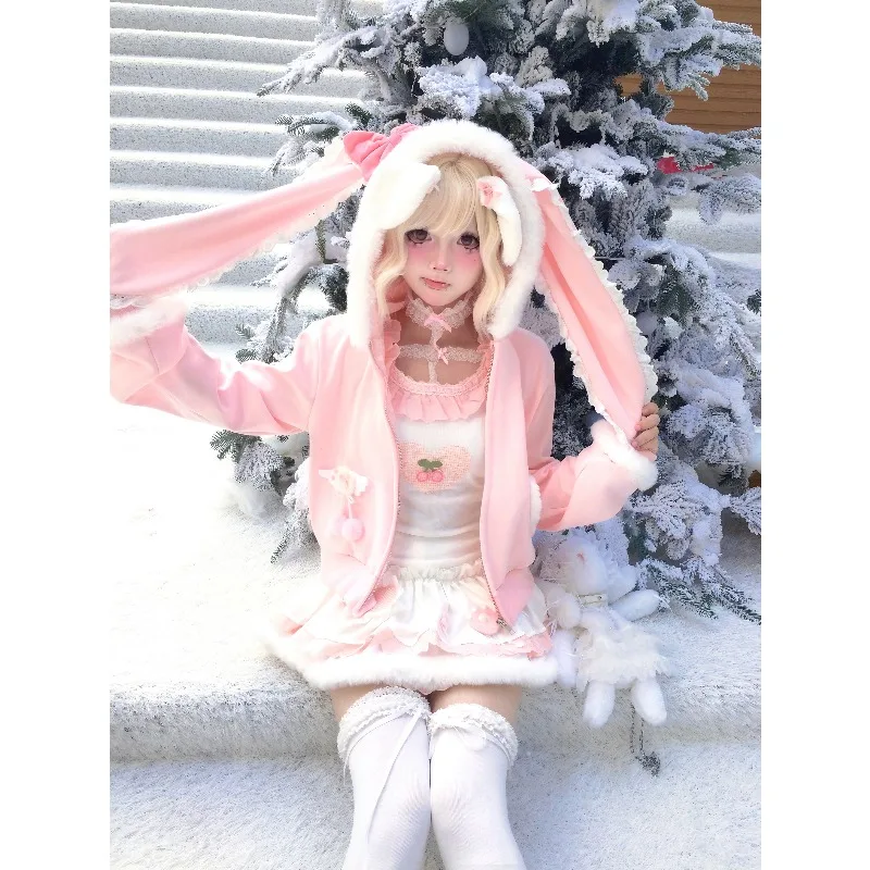 

Handmade Pink Japanese Sweet Cute Big Rabbit Ear Hooded Cospaly Kawaii Coat Lolita Vest Skirt Suit for Women Party Outfits