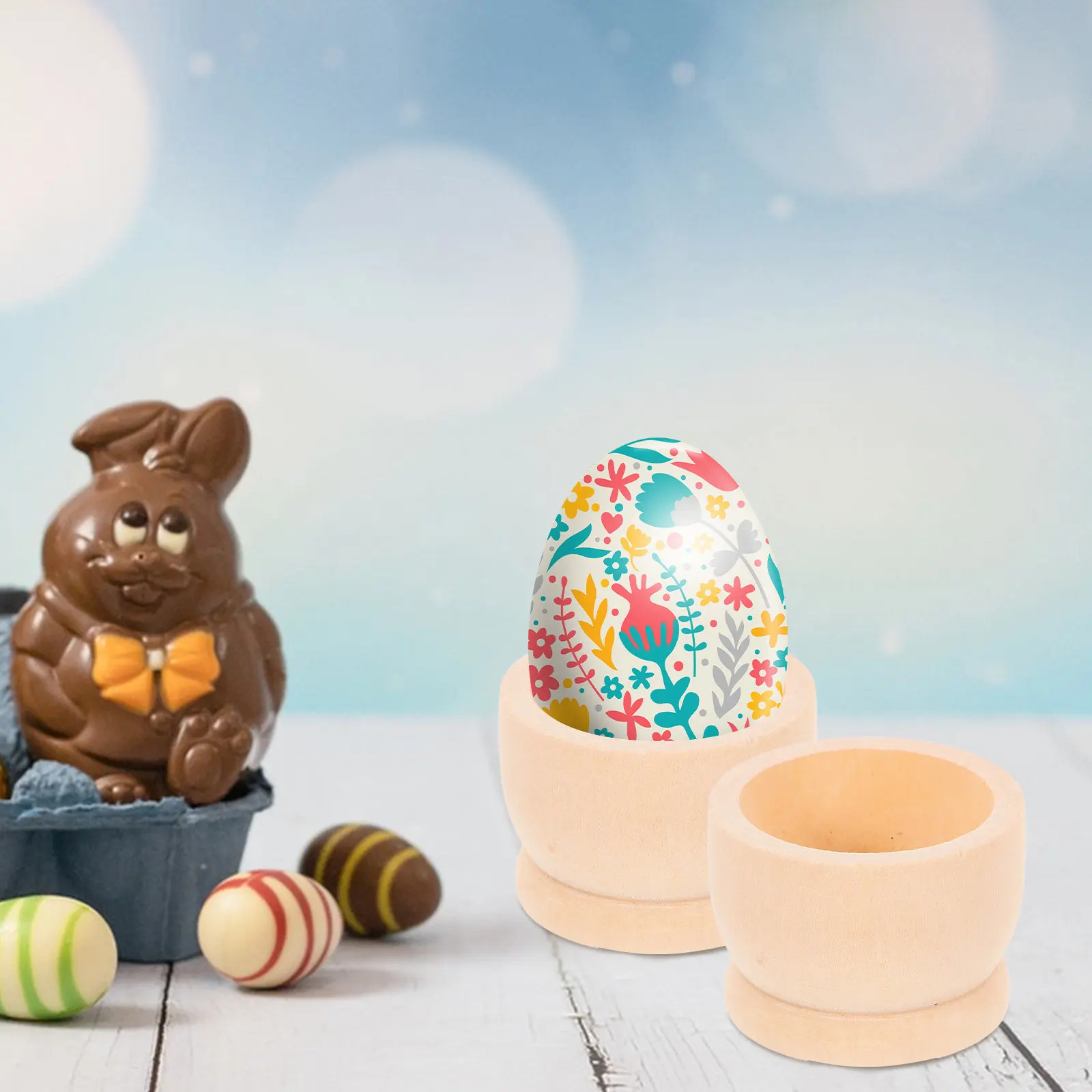 6Pcs Wooden Easter Egg Stand Set Natural Unfinished Wood DIY Craft Holder for Hard Boiled Eggs Rustic Decorative Table