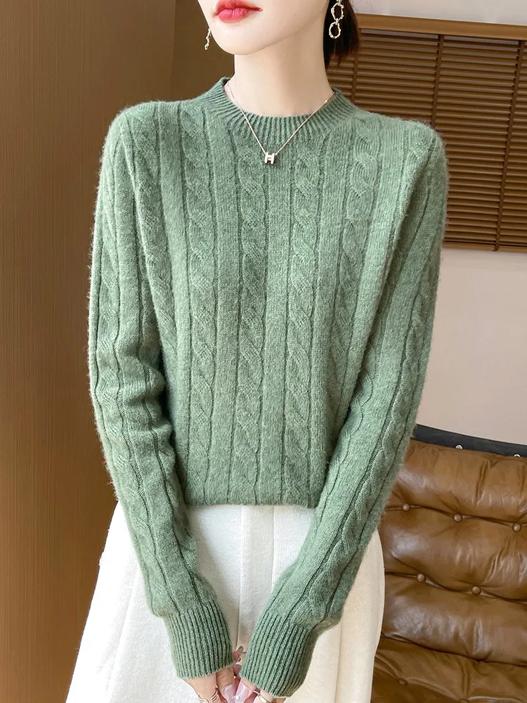 

Women's Casual Autumn Winter Thick Cable Stitch O-Neck Pullover 100% Merino Wool Knitted Sweater Warm Soft Solid Clothing Tops